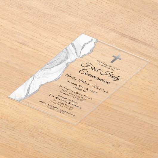 Zilvergrijs Witte Agaat Eerste Heilige Communie Me Acryl Uitnodigingen (Laagn)