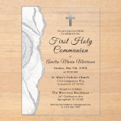 Zilvergrijs Witte Agaat Eerste Heilige Communie Me Acryl Uitnodigingen (Voorkant)