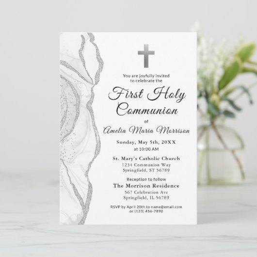 Zilvergrijs Witte Agaat Eerste Heilige Communie Me Kaart (Staand voorkant)