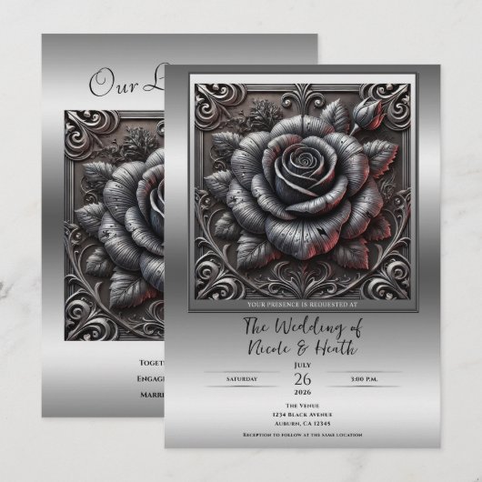 Zilvergrijs & zwart Roos Elegante Gotische bruilof Kaart (Voorkant / Achterkant)