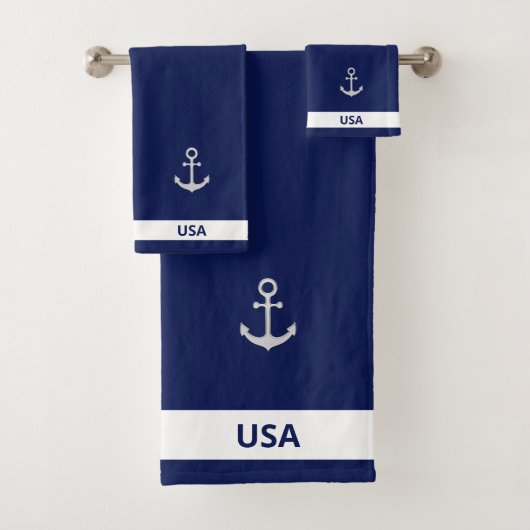 Zilvergrijze anker op Navy Blue & White Bad Handdoek (Insitu)