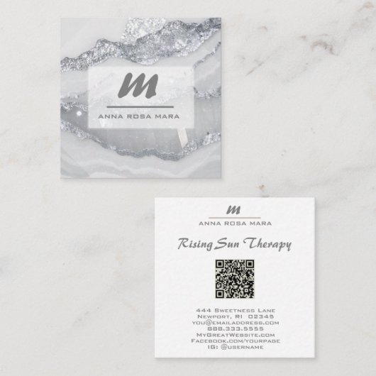*~* ZILVERGRIJZE Glitter Glam QR Luxe Initiaal AP6 Vierkante Visitekaartje (Voorkant / Achterkant)