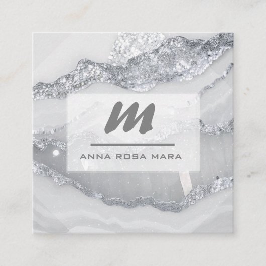 *~* ZILVERGRIJZE Glitter Glam QR Luxe Initiaal AP6 Vierkante Visitekaartje (Voorkant)