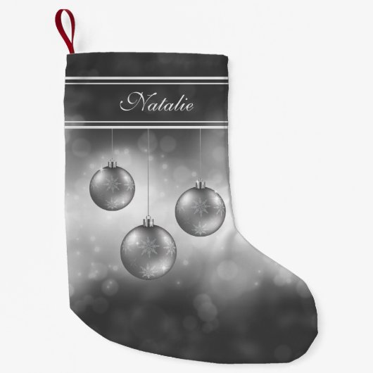 Zilvergrijze kerstbollen met aangepaste naam kleine kerstsok (Voorkant)