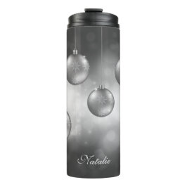 Zilvergrijze kerstbollen met aangepaste naam thermosbeker