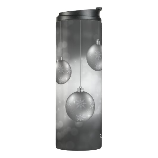 Zilvergrijze kerstbollen met aangepaste naam thermosbeker (Gedraaid links)