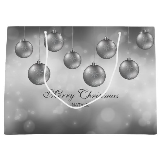 Zilvergrijze kerstcadeautjes met aangepaste tekst groot cadeauzakje (Voorkant)