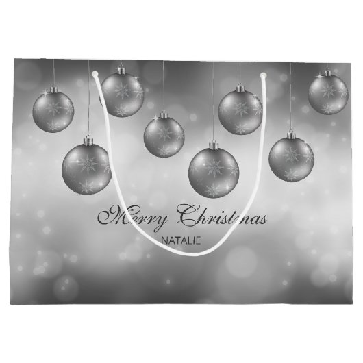 Zilvergrijze kerstcadeautjes met aangepaste tekst groot cadeauzakje (Achterkant)