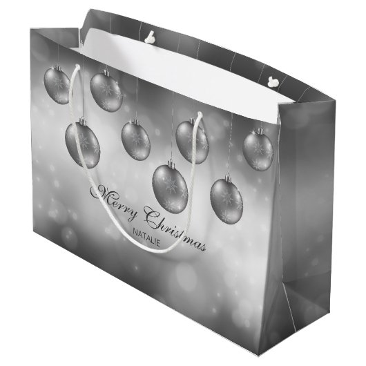 Zilvergrijze kerstcadeautjes met aangepaste tekst groot cadeauzakje (Achterkant Gekanteld)