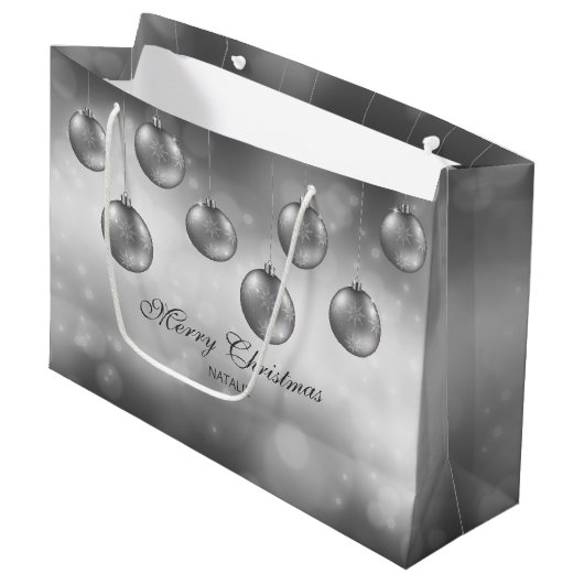 Zilvergrijze kerstcadeautjes met aangepaste tekst groot cadeauzakje (Voorkant Gekanteld)