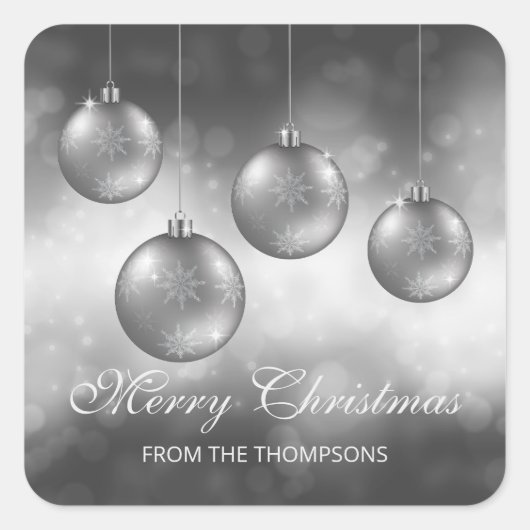 Zilvergrijze kerstcadeautjes met aangepaste tekst vierkante sticker (Voorkant)