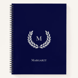 Zilvergrijze monogram en Laurel op Navy Blue Noteb Notitieboek