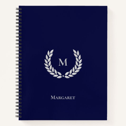 Zilvergrijze monogram en Laurel op Navy Blue Noteb Notitieboek (Voorkant)