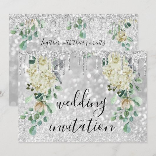 Zilvergrijze riemen Glitte Floral Mint Green Weddi Kaart (Voorkant / Achterkant)