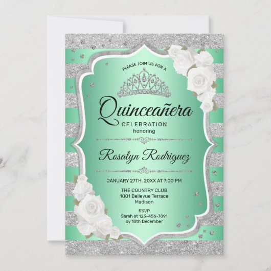 Zilvergroen Elegant Quinceanera Kaart (Voorkant)