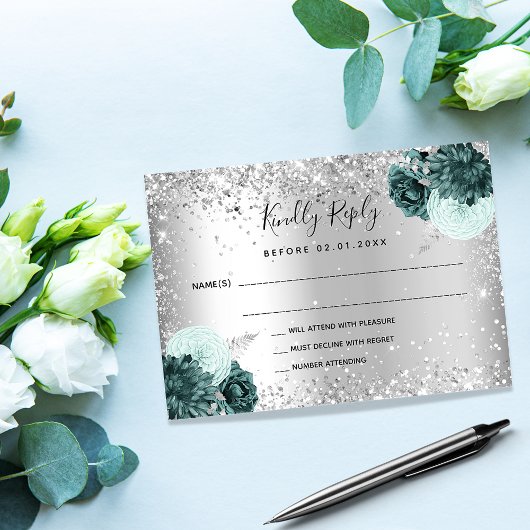 Zilvergroene floralen glitter bruiloft RSVP Notitiekaartje