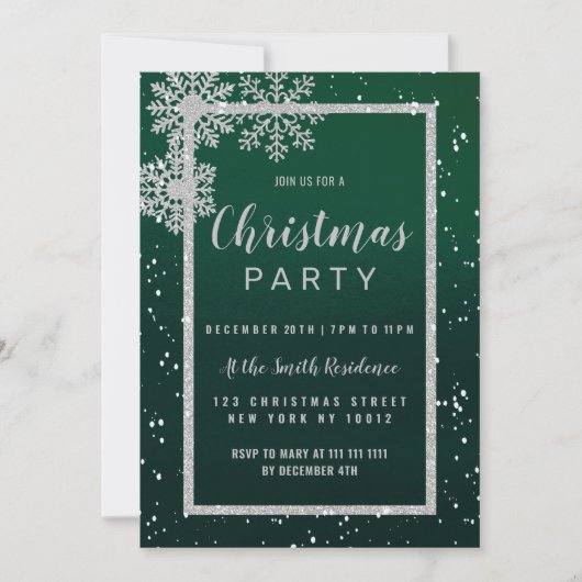 Zilvergroene witte sneeuwvlokken Kerstfeest Kaart (Voorkant)