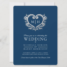 Zilverhardende bruiloft donkerblauw en wit kaart