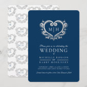 Zilverhardende bruiloft donkerblauw en wit kaart (Voorkant / Achterkant)