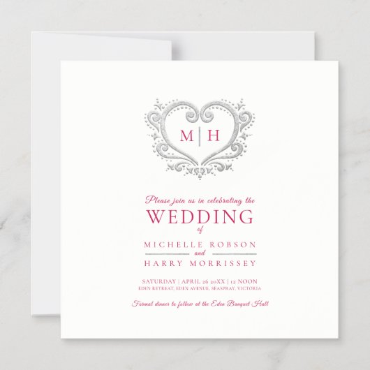 Zilverharding met monogram bruiloft magnetische uitnodiging (Voorkant)