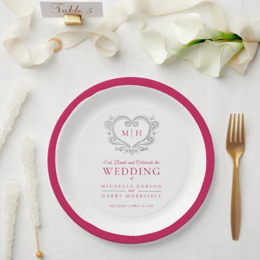 Zilverharding rode baarmoedervlek bruiloft papieren bordje (Huwelijk)