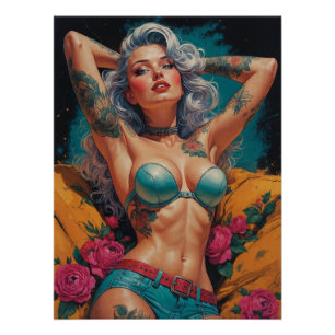Zilverharige Pin-Up Bloemen Tattoo Lederen Outfit Perfect Poster