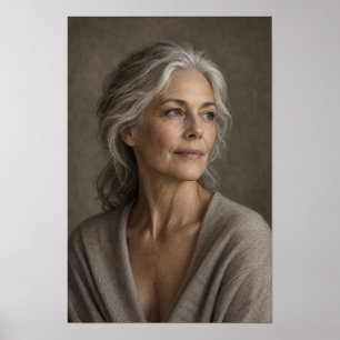 Zilverharige vrouw in zachte neutrale portretmuur poster