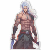 Zilverharige zwaardvechter Fantasy Battle Sticker (Voorkant)