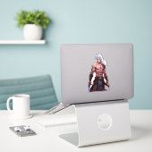 Zilverharige zwaardvechter Fantasy Battle Sticker (Laptop op bureau)