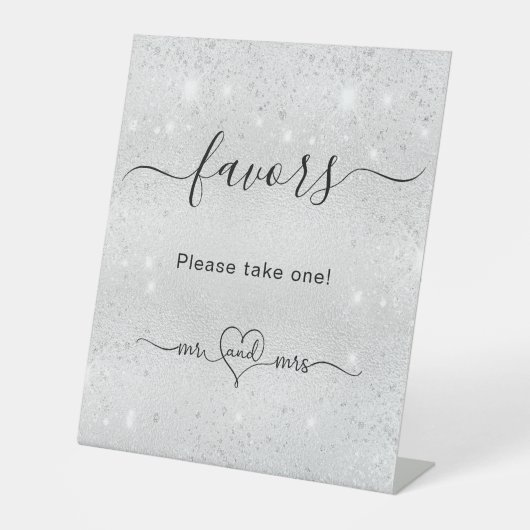 Zilverige glitter-trouwerij-gasten reclamebord met voetstuk (Voorkant)