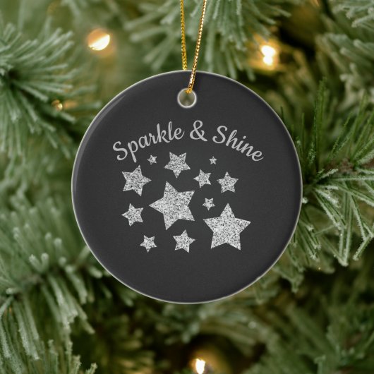 Zilverige glittersparkle Stars Shine quote donkerg Keramisch Ornament (Boom)
