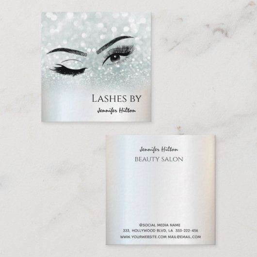 Zilverige glittervetten maken keukenoog vierkante visitekaartje (Voorkant / Achterkant)