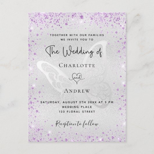 Zilverige paarse vlinder uitnodiging briefkaart (Voorkant)