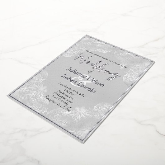 Zilverige  witte bruiloft folie uitnodiging (Gedraaid)