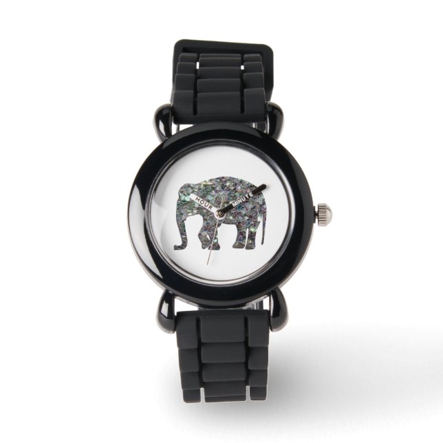Zilverige zilvermozaïekglitter Elephant Horloge (Voorkant)