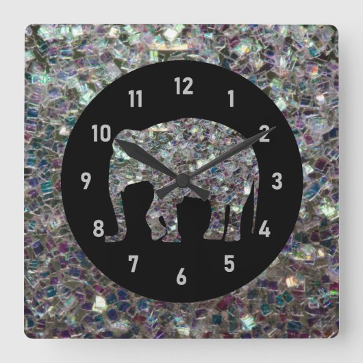 Zilverige zilvermozaïekglitter Elephant Vierkante Klok (Voorkant)