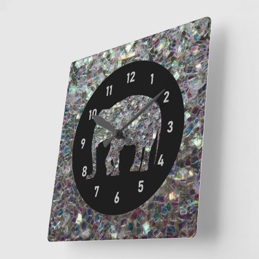 Zilverige zilvermozaïekglitter Elephant Vierkante Klok (Hoek)