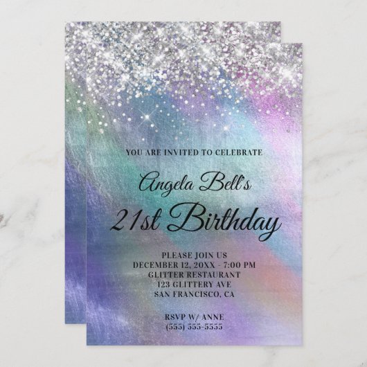 Zilverige zure glitter Iridescent Folie Birthday Kaart (Voorkant / Achterkant)