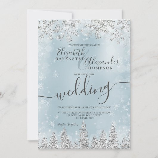 Zilverijblauwe sneeuw met kerstwinter bruiloft kaart (Voorkant)