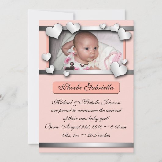 Zilverkleurde hartenpels in aantekeningen bij gebo aankondiging (Voorkant)