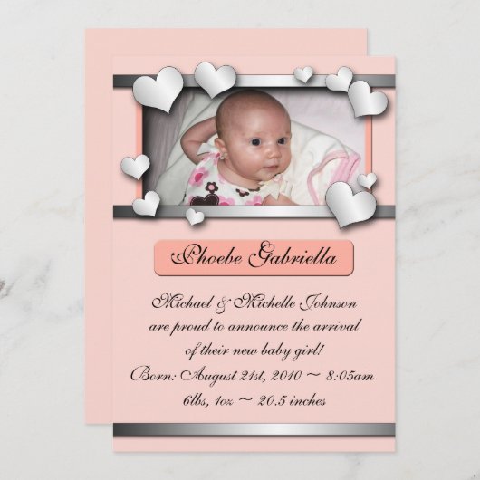 Zilverkleurde hartenpels in aantekeningen bij gebo aankondiging (Voorkant / Achterkant)