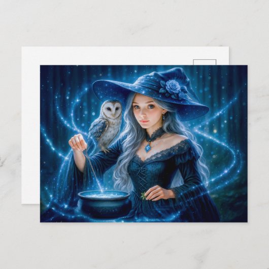 Zilverkleurige heks met uil en ketel feestdagenkaart (Voorkant / Achterkant)