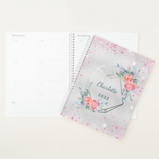 Zilverkleurige roze bloemen glitter monogram planner (Display)