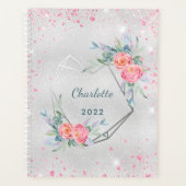 Zilverkleurige roze bloemen glitter monogram planner (Voorkant)