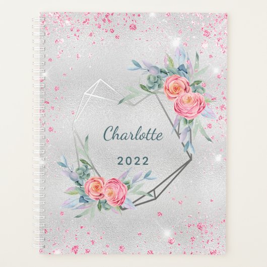 Zilverkleurige roze bloemen glitter monogram planner (Voorkant)