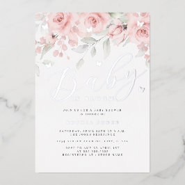 Zilverkleurige roze bloemige vlinder Baby in bloei Folie Uitnodiging