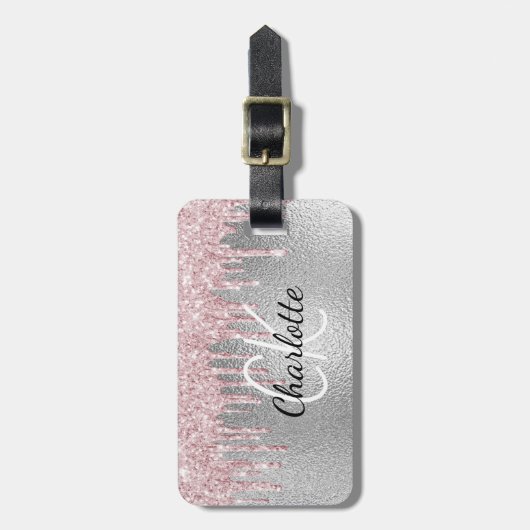 Zilverkleurige roze glitter druppels monogram bagagelabel (Voorkant verticaal)