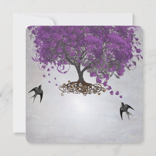 Zilverlicht Paarse heart Leaf Tree Weddenschap Kaart (Achterkant)