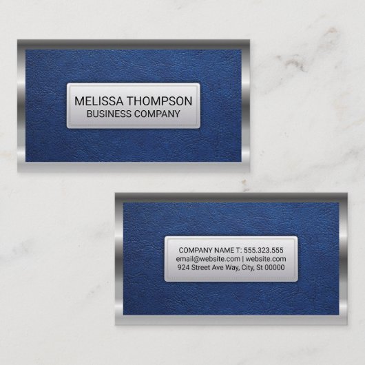 zilvermetallisch Lijst | Blauw lederen achtergrond Visitekaartje (Voorkant / Achterkant)