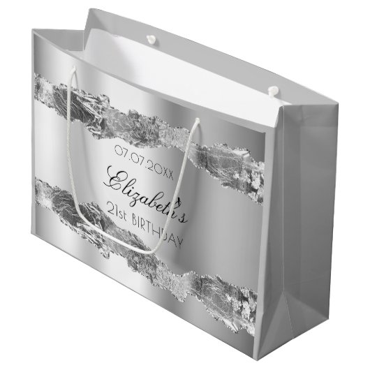 Zilvernaam elegant verjaardagscentrum groot cadeauzakje (Voorkant Gekanteld)